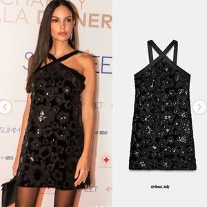 Zara Combination Sequin Mini Dress – Black | Halter Neck | Night-Out Glam